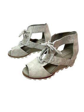Sorel Joanie ll Suede Wedge Lace Sandals Womens 9 Light Gray NL 2451
